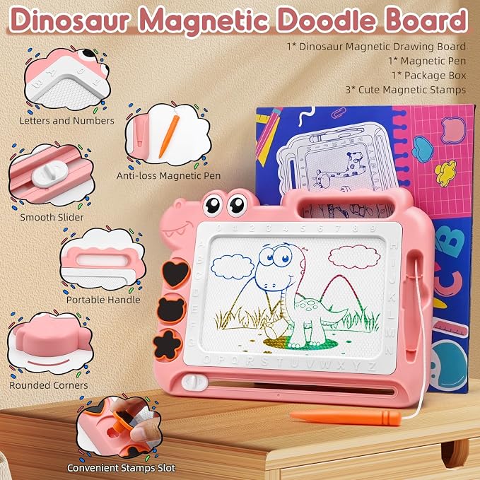 AiTuiTui Dinosaur Magnetic Drawing Board for Toddlers Ages 2-4, Pink | Doodle Board Toddler Toys, Educational Learning Kids Gift for 3 4 Year Old Girls, Color Sketch Writing Pad Travel Games