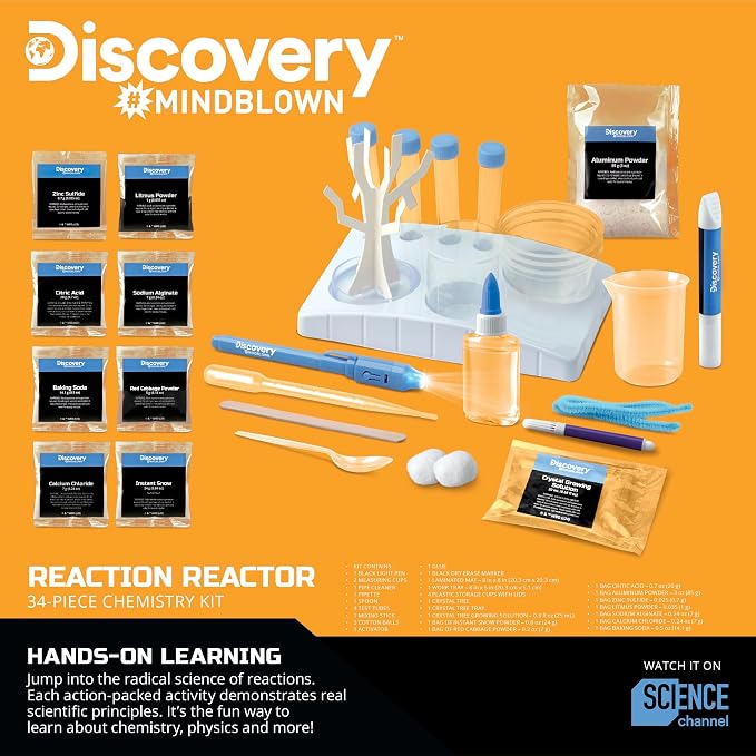 Discovery™ Reaction Lab Chemistry Set – 41 STEM Experiments for Kids| Includes Black Light Pen, Crystal Growing, Slime, Goo| Educational Learning Toy| Science Activity Kit| Boys & Girls Gift| Age 8+