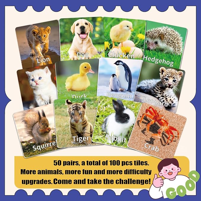 YTSQLER 100 PCS Animal Memory Matching Game | For kids Ages 4-8, toddlers 3-5, Preschool Learning Activities, Family Board Game, Animal Learning Card Game