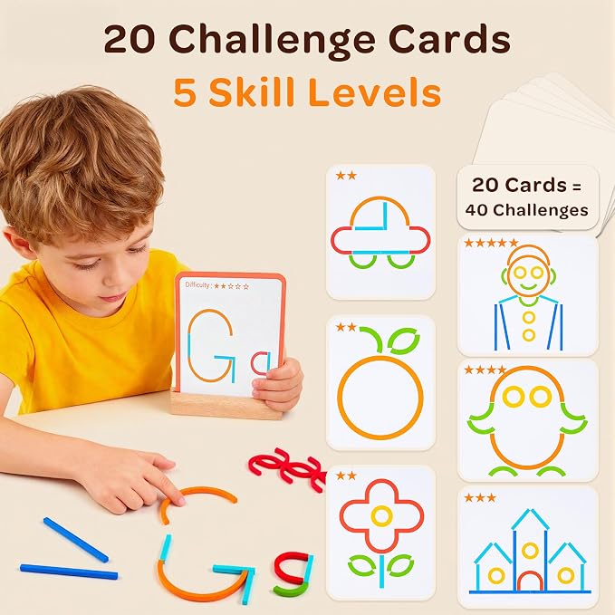 Montessori Smart Sticks and Rings Set with Challenge Cards, 120PCS Creative STEM Kit with Wooden Pattern Blocks for Kids, Preschool Learning Activities and Classroom Use