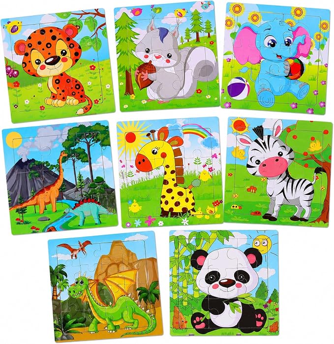NASHRIO Wooden Puzzles for Toddlers Age 3-5, 8 Pack Animal and Dinosaur Jigsaw Puzzles, Preschool Educational Toys, Wooden Puzzle Set for Boys Girls Kids Age 3 4 5