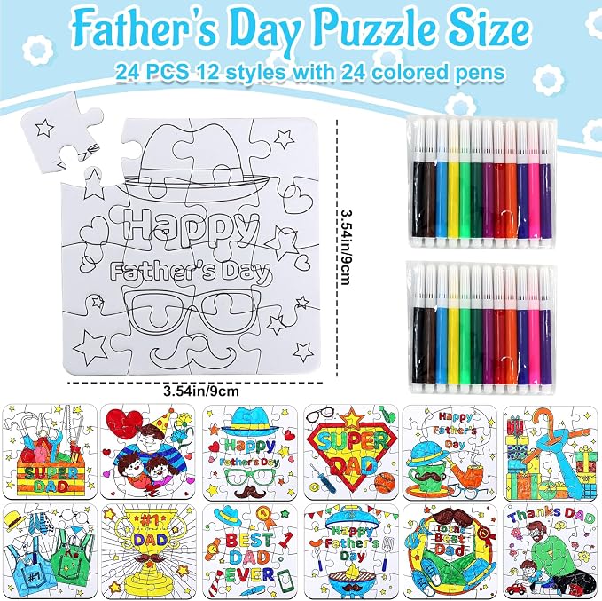 24 Set Fathers Day Crafts for Kids Toddlers Classroom Bulk, Father's Day Arts DIY Jigsaw Puzzle with Shirt Hat Tool, June Best Dad Activities for School Gifts Coloring Games Paper Toy projects