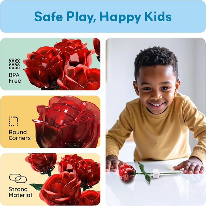 PicassoTiles Red Stem Rose Building 45pc Set With Magnetic Hold Piece Creative Hands-On Play Discovery Activity Kit Room Decor Gifts For Mother’s Day Present Display Flower Boys Girls Kid Age 3+ PBS20