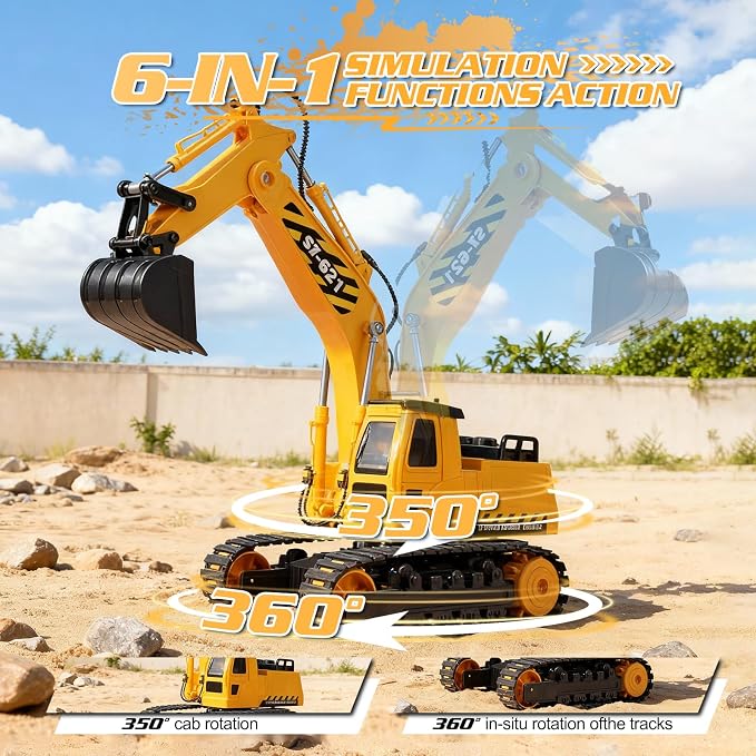 DOUBLE E Remote Control Excavator Toy, 2*Batteries 2.4GHz RC Excavator, 6-in-1 Digging/360° Rotation, 20M Range Sandbox Construction Toys Birthday Gift for Boys/Kids 6+ Years