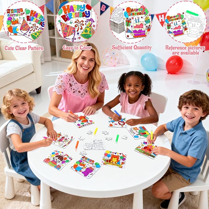 24 Sets Happy Birthday Crafts Puzzle for Kids Kit, Classroom Birthday Party Activities with Cake Hat Gift, DIY Art Color Your Own Blank jigsaw for Fall Christmas Party Favors Coloring Game Supplies