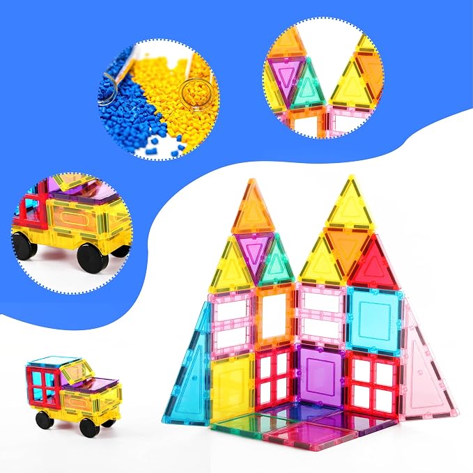 PicassoTiles Magnet Tile Building Blocks with Car Base Drawstring Storage Travel Bag Carry Case Magnetic Tiles Construction Toy STEM Learning Educational Kit Sensory Playset Preschool Kids 3+