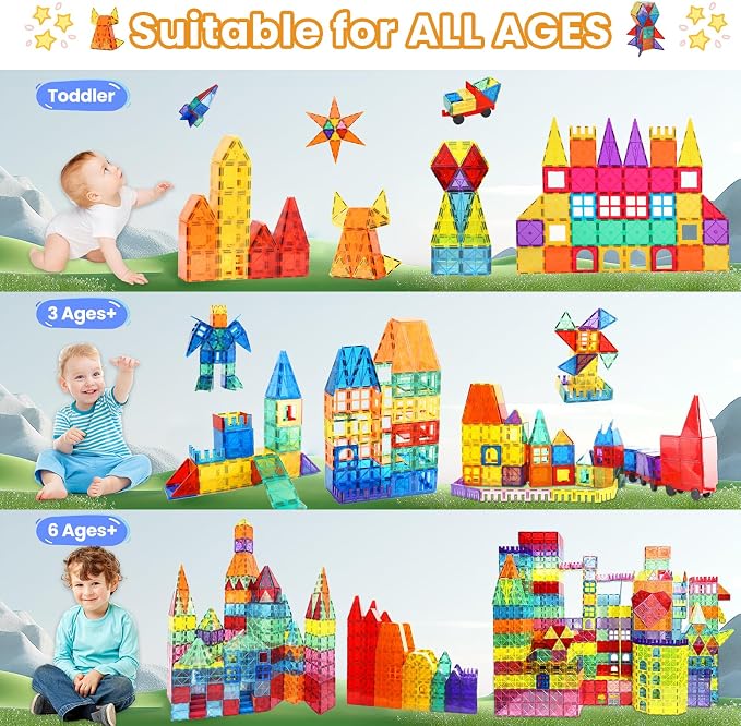 Paaxido Magnetic Tiles - 130PCS Magnetic Blocks for Kids, Magnet Tiles Building Blocks Set with 2 Cars, Construction STEM Magnet Toys Gift for Kids, Boys and Girls 3 4 5 6 7 8+ Year Old