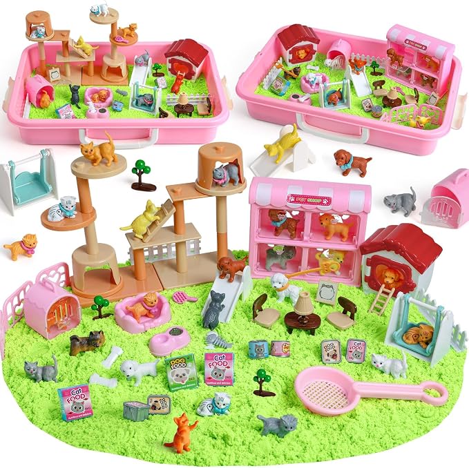 KNASON Cat and Dog Sensory Bin, Play Sand Kit for Girls and Boys Ages 3-8 | 2.2lbs Sensory Sand, Pet Sandbox with Lid, Cat and Dog Figures, Dog House, Cat Climber, Role Pretend Play Toy Gift for Kids