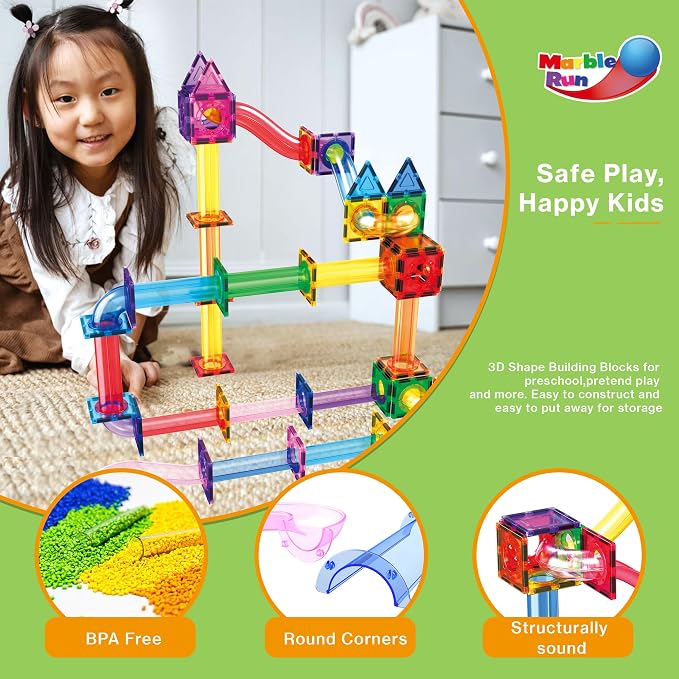 PicassoTiles 120 PCS Magnetic Tile Marble Run STEM Construction Set Ages 3+ | 10 dynamic shapes, translucent track parts, funnels & slopes, steel-weighted balls, BPA-free ABS, coordination & spatial play