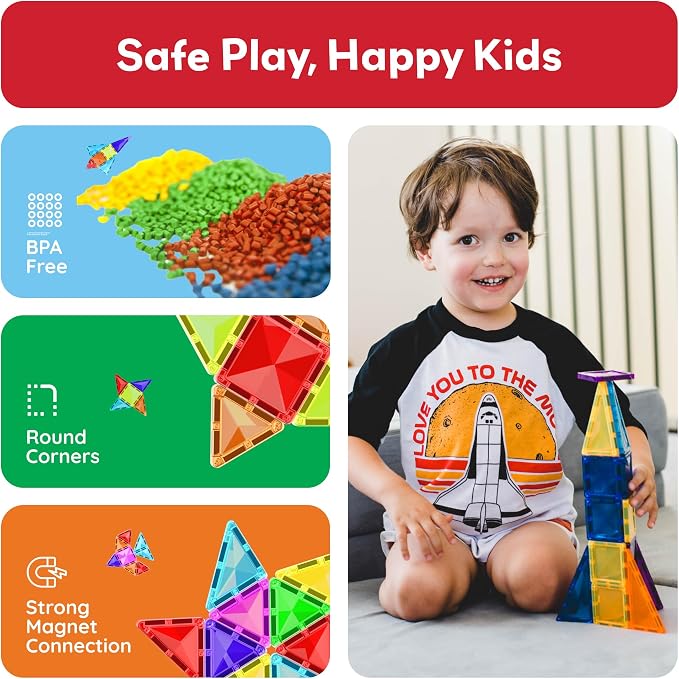 PicassoTiles 60 pcs Mini Magnetic Tiles Magnet Toys Travel-Friendly On-The-Go Building Blocks for Kids Compact Lightweight Creative playset Preschool Montessori Early Learning STEM Kids Toy Ages 3+.