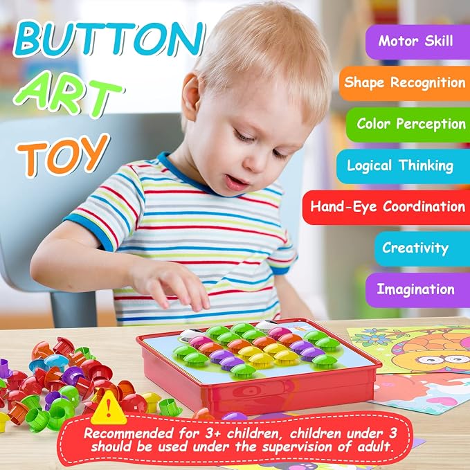 Geekper 96 PCS Button Art Toys for Toddlers, Color Matching Mosaic Pegboard | Early Learning Educational Toys for 3, 4, 5, 6 Year Old Kids Boys and Girls Gifts, Including 24 Pictures and 72 Buttons