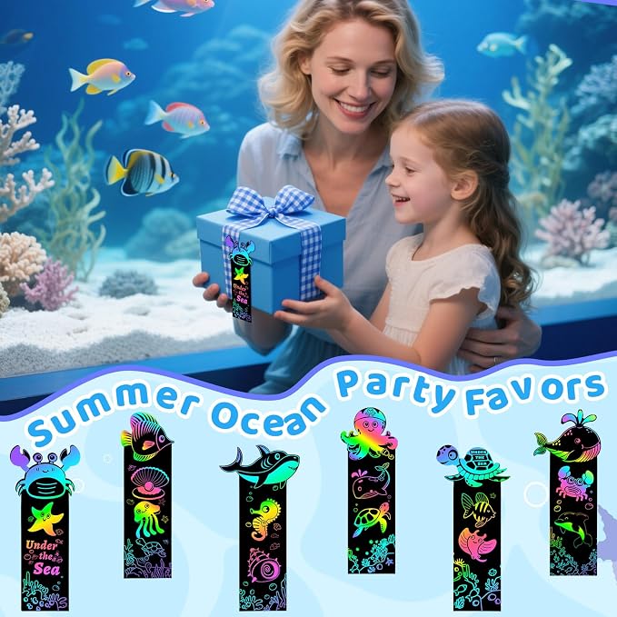 JUNEBRUSHS 30Pcs Ocean Crafts, Rainbow Magic Ocean Animals Scratch Bookmarks Under The Sea Party Favors Games for Activities Summer Arts and Crafts