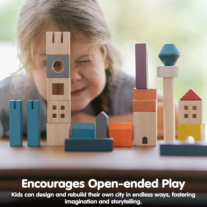 PlanToys® Cityscape Blocks Wooden Montessori Building Imaginative Kids Set | shapes, buildings, construction toys, sorting & stacking toys, girls, boys, spatial STEM fine motor creative gift preschool