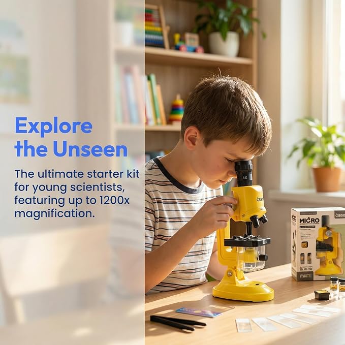 Little World Kids Microscope with LED Light - 100X/400X/1200X Magnification | Beginner science kit, monocular view, educational STEM gift for ages 5-12, Yellow