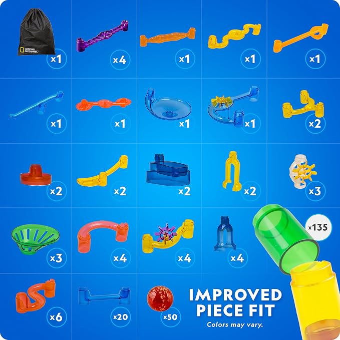 National Geographic Glow Marble Run 250-Piece Building Set for Kids | 50 Glow-in-the-Dark Glass Marbles, 135 Tubes, 55 Action Pieces, 10 Bases, Marble Maze, STEM Physics Toy, Storage Bag