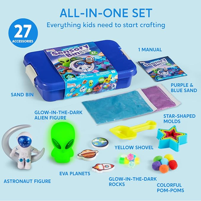 JOVA Klever Kits Outer Space Sensory Bin for Kids with Glow in The Dark Alien and Rocks, Sandbox with Lid Dual-Color Sand, Preschool Learning Activities Gifts for Boys Girls Age 3+