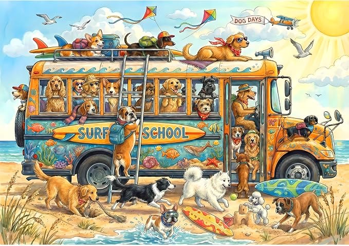 Puzzles for Kids Ages 6-8 8-10 - 200 Piece Dogs On The Beach Surf Puzzle | Educational Learning Toys.Colorful Children Puzzles for 6 7 8 9 10 11 12 Years Old Boys and Girls.Birthday and Holiday Gifts