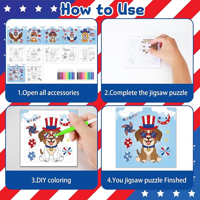 Fennoral 24 Pack DIY Coloring 4th of July Jigsaw Puzzle Craft Kit for Kids | Cute Animal Design, with Display Base, 4.7‑inch, DIY Coloring Art, Classroom Activity, Party Favor Supplies