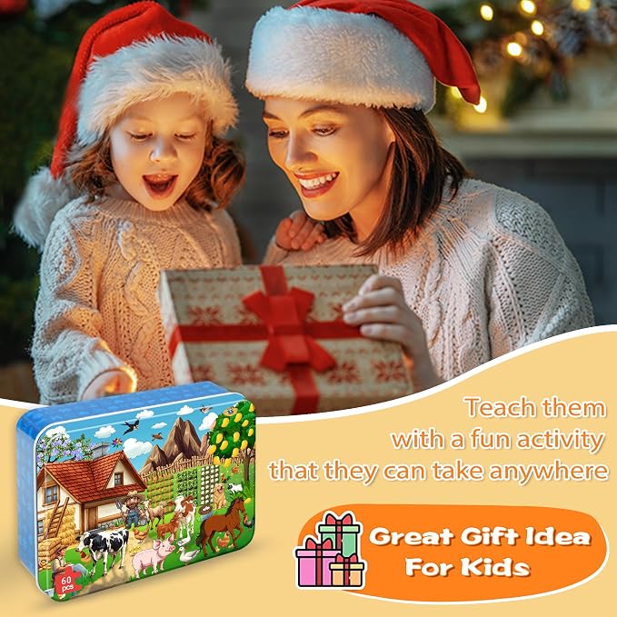LELEMON Puzzles for Kids Ages 4-6,60 Piece Puzzles for Kids in a Metal Box | Farm Educational Jigsaw Puzzles Kids Puzzles,Childrens Puzzle Games Puzzle Toys for Girls and Boys