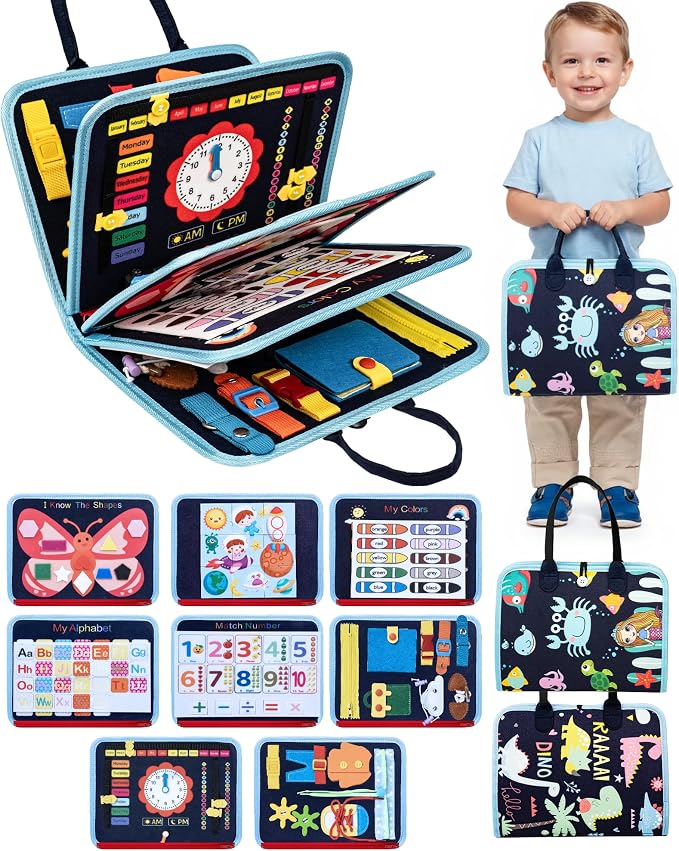 Montessori Busy Book for Toddlers, 8-Page Sensory Activity Book for Fine Motor Skills & Basic Dress Learning, Portable Travel Toy for Preschool Kids, Birthday Gift for Boys and Girls (Blue)
