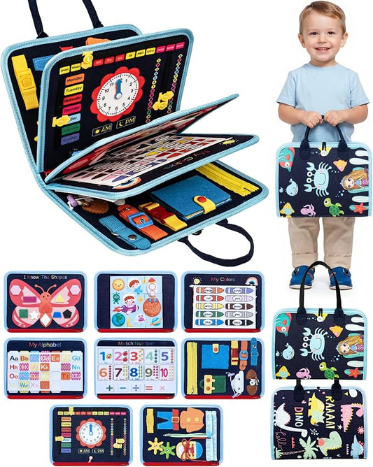 Montessori Busy Book for Toddlers, 8-Page Sensory Activity Book for Fine Motor Skills & Basic Dress Learning, Portable Travel Toy for Preschool Kids, Birthday Gift for Boys and Girls (Blue)