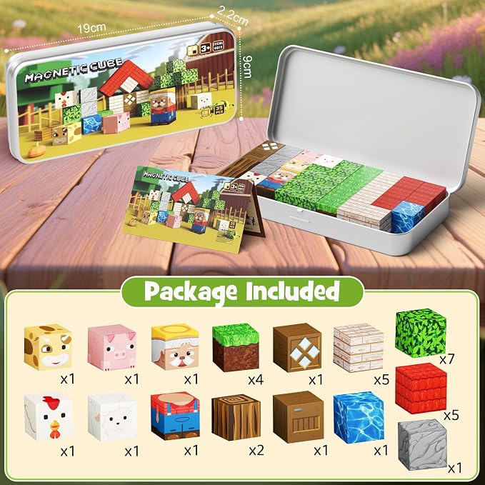 Mini Magnetic Travel Building Blocks: 35 PCS Farm Animals STEM Toys | Metal Storage Box as Play Base - Portable Magnets Cubes Road Trip & Airplane Activities Essentials for Kids Toddlers Ages 3-8