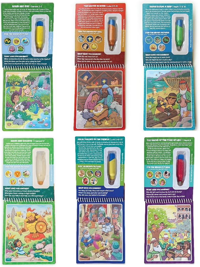 KangaToys 6 Pack of Aqua Brush, Water Reveal, Coloring Scripture Activity Book for Kids. (6 Pack Bible & Book of Mormon Set)