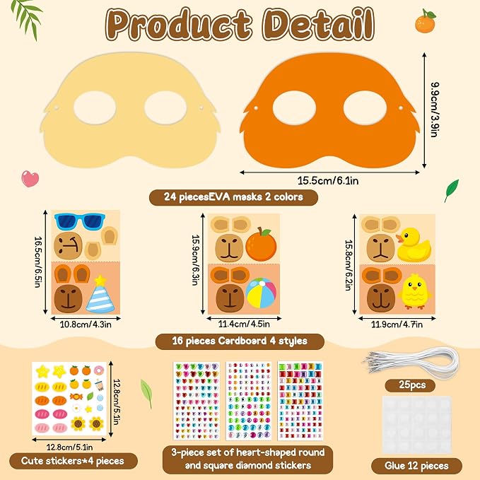 WATINC Capy Theme Bara Mask - 24pcs Make Your Own Cartoon Animal Foam Mask Craft Kit for Kids, Capy Character DIY Set with Diamond Stickers for Birthday Cosplay Party Supplies Photo Prop Boys Girls