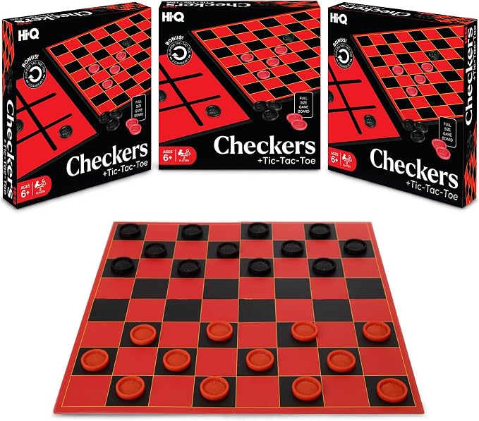 HI-Q Checkers & Tic-Tac-Toe Board Game Set – Multi-Pack Bundle for Family Game Night & Classrooms – Features Interlocking Stacking Pieces & Folding Board – Ages 6+