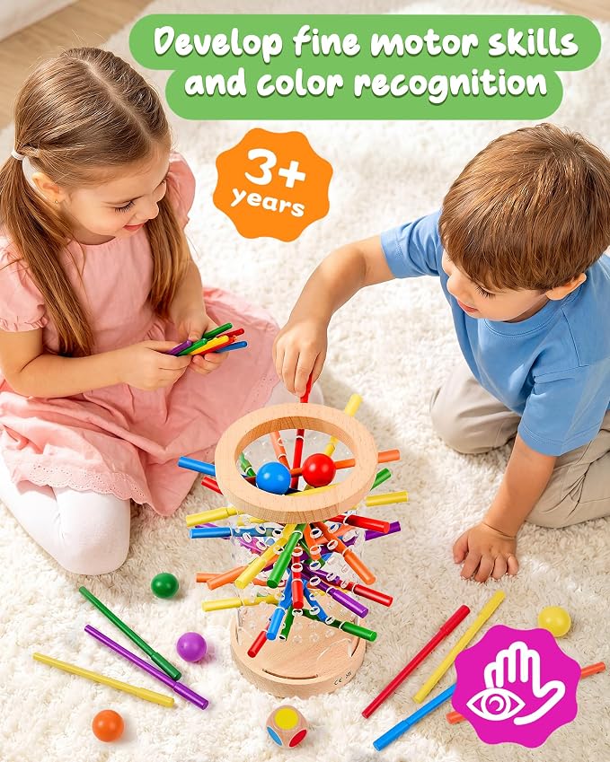 Wooden Board Games for Kids 3-8 Montessori Toys Fine Motor Skills Toy Dice | 42 Non-slip Sticks, 3-Min Quick Setup, Clear Interior View, Wooden Stick Game Color Matching, CPC-Certified, Ages 4–6 Gift