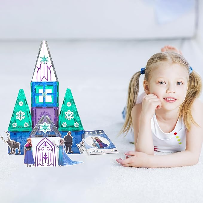 Tytan Toys Disney Frozen Magnetic Tiles Princess Castle - 41-Piece STEAM Building Set with Glitter Tiles & Elsa, Anna, Olaf Stickers - Educational Frozen Toys for Girls Age 3-4+