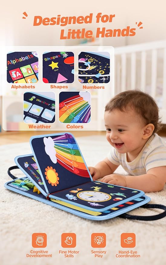 Toddler Busy Board Montessori Toys for 1-3 Year Old, Dinosaur Busy Book | Fine Motor Skills Sensory Toy with 23 Activities, Travel Toys for Airplane Car, Blue Gift for Boys Girls