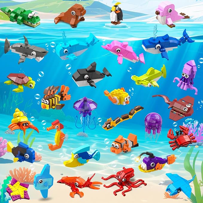 30 Pack Marine Animals Party Favors For Kids Building Set for Boys Girls 6+ | 824PCS Building Blocks for Party Favors Goodie Bags Fillers Stocking Stuffers Classroom Prizes Toy Birthday Valentines Gifts