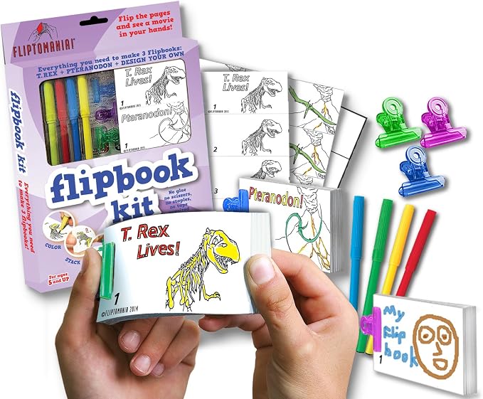 Fliptomania Flipbook Make-Your-Own Flip Book Kit for Kids 3 Pack, T-Rex, pterodactyl ,& Blank DIY Flipbook Paper, Drawing Kids Arts & Crafts Project Set, Boys, Girls Arts and Crafts for Kids Ages 8-12
