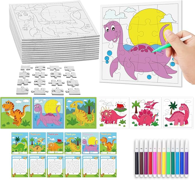 Fennoral 12 Pack Dinosaur Craft Kit for Kids Classroom Color Your Own Dinosaur Jigsaw Puzzles with Card DIY Coloring Dinosaur Craft Kit Art Activities Birthday Gifts Party Favor Supplies