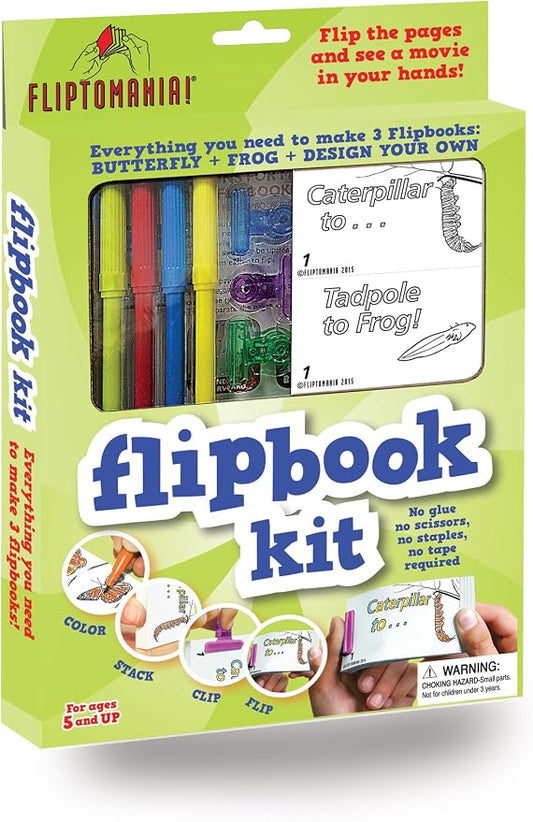 Fliptomania Flipbook Make-Your-Own Flip Book Kit for Kids 3 Pack, Butterfly, Frog, & Blank DIY Flipbook Paper, Drawing Kids Arts & Crafts Project Set, Boys and Girls Arts and Crafts for Kids Ages 8-12