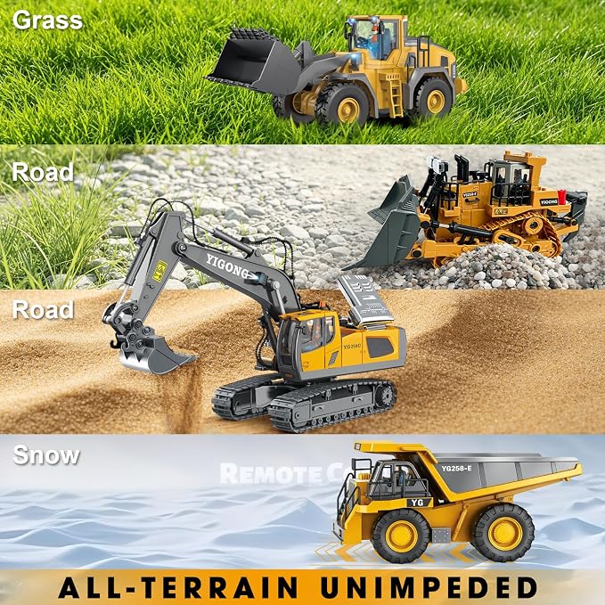 Remote Control Excavator (11-Channel), Dump Truck, Bulldozer, Loader (9-Channel), 2.4GHz Remote Control Construction Vehicles, Metal Construction, with Cool Lights and Sound Effects, 4-Pcs