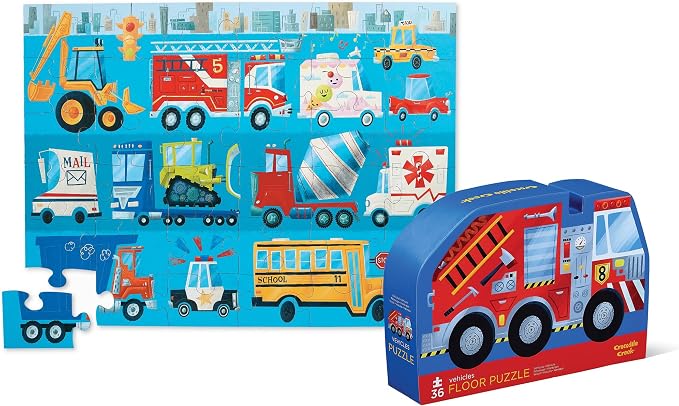 Crocodile Creek 36-Piece Jigsaw Floor Puzzle - Fun Floor Puzzles for Kids Ages 3-5 - Heavy-Duty Shaped Box for Storage - Vehicles - 24" W x 18" H Finished
