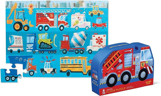 Crocodile Creek 36-Piece Jigsaw Floor Puzzle - Fun Floor Puzzles for Kids Ages 3-5 - Heavy-Duty Shaped Box for Storage - Vehicles - 24" W x 18" H Finished