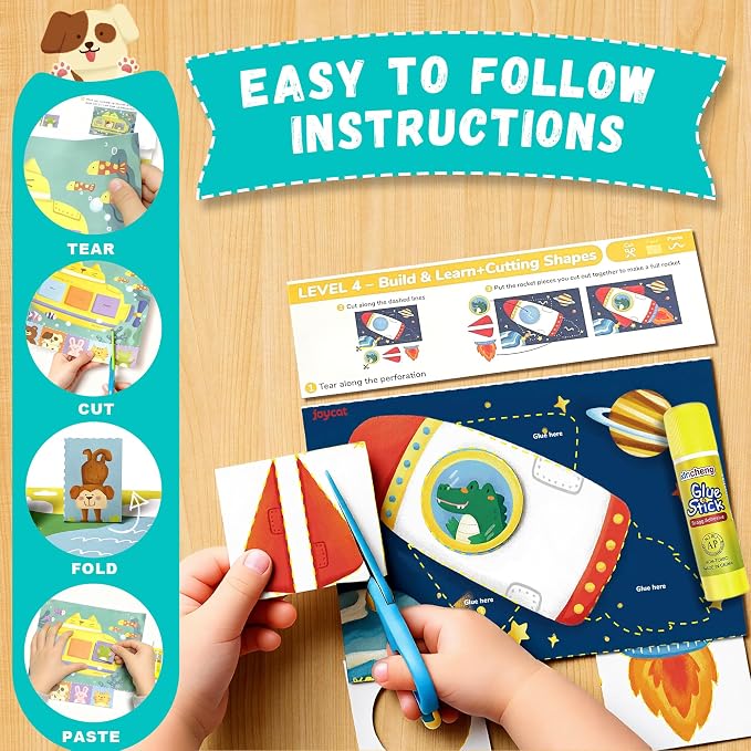JoyCat Scissor Skills Activity Kit, Toddler Scissors Ages 3-5, Happy Days | Preschool workbook with 34 cutting activities, scissors for kids and glue for 4-level everyday toddler arts and crafts.