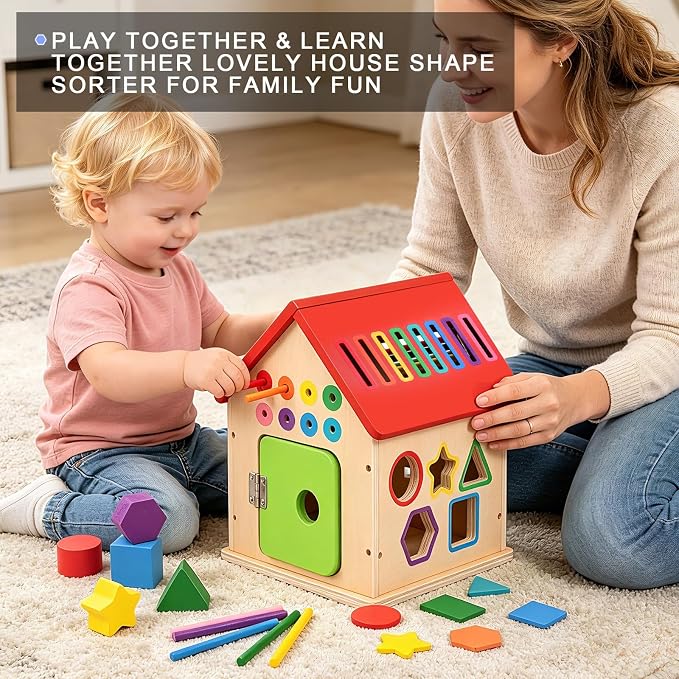 Wooden Shape Sorter Activity Cube, Montessori Toy for Toddlers 3+ Years Old | Multi-Functional Busy House Baby Color Sorting Educational Learning Toy, Birthday Gifts for Boys Girls