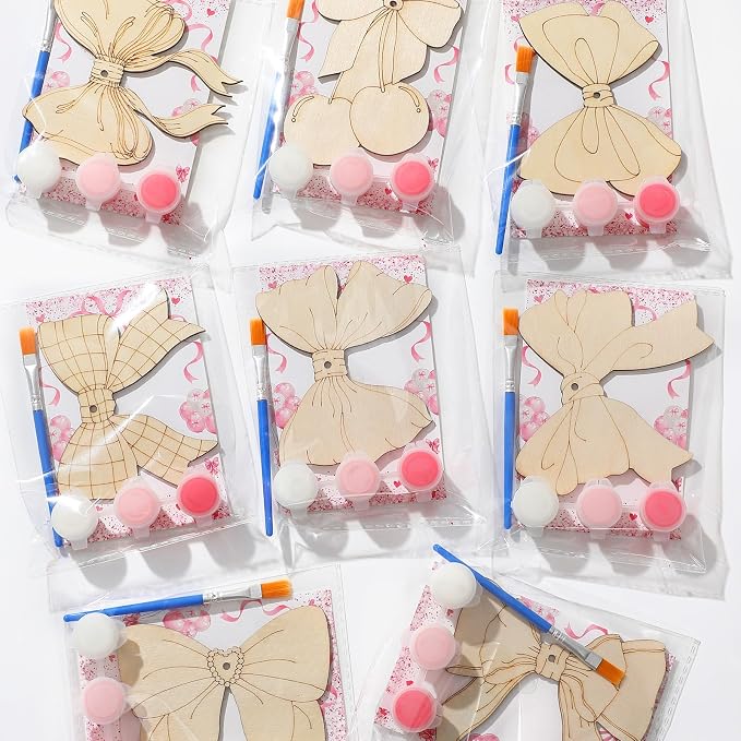 Saypacck 24 Pcs Pink Bow Party Favors Wooden Paint Craft Kits | Bow Themed Craft Activity, Girly Bow Designs for Birthday Parties, Bulk Favors for Goodie Bags,