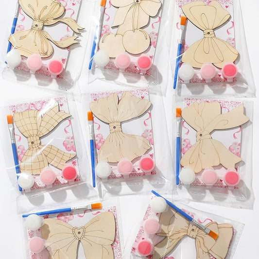 Saypacck 24 Pcs Pink Bow Party Favors Wooden Paint Craft Kits | Bow Themed Craft Activity, Girly Bow Designs for Birthday Parties, Bulk Favors for Goodie Bags,