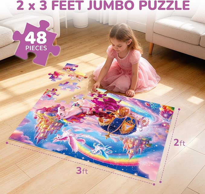 BenBen Floor Puzzles for Kids Ages 4-6, 2 x 3 Feet Unicorn Princess Puzzle | 48 Pieces Extra-Thick Large Piece Jumbo Jigsaw Puzzle for Toddlers, Preschool Educational Toy with Storage Box for Girls Boy