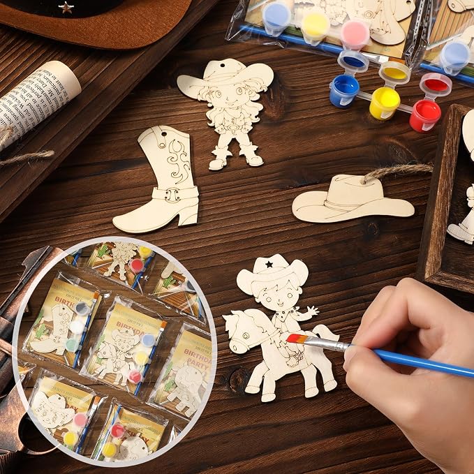 Saypacck 24 Pcs Cowboy Party Favors Wooden Paint Craft Kits | Rodeo Birthday Supplies, Cowgirl Theme Crafts, Western Party Activity, Thank You Gifts, Organza Bags for Goodie Fillers