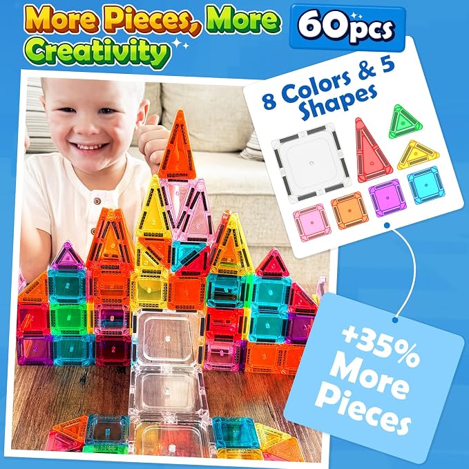 Soyee Mini Travel Magnetic Tiles 60PCS with Metal Tin Case Toddler Kids Toys Travel Essentials, Toddler Travel Toys Portable STEM Building Blocks Compatibility with Regular Size Magnetic Tiles