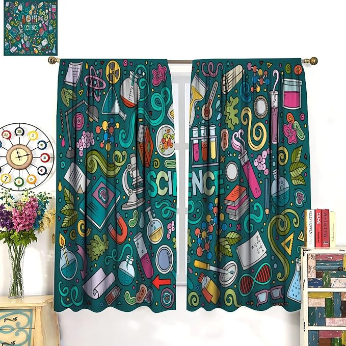 Science Symbols Kids Curtain Sketches Cartoon Chemistry Physics Geometry Education Pattern Print Window Drapes for Bedroom Living Room Kitchen Decor,2 Panel Set,42x45 Inch Decor
