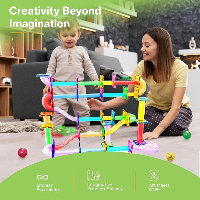 PicassoTiles 120 PCS Magnetic Tile Marble Run STEM Construction Set Ages 3+ | 10 dynamic shapes, translucent track parts, funnels & slopes, steel-weighted balls, BPA-free ABS, coordination & spatial play