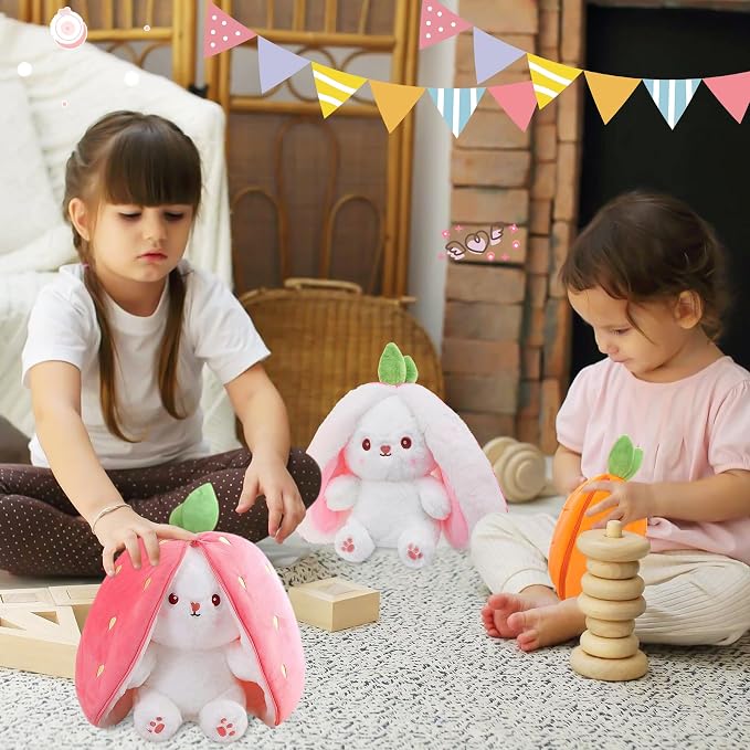 MIAODAM Carrot Strawberry Bunny Stuffed Animal,Squishy Cute Bunny Plush | Reversible Transformable Strawberry Fruit Doll, Funny Christmas/Easter Bunny Plush Gift for Kids
