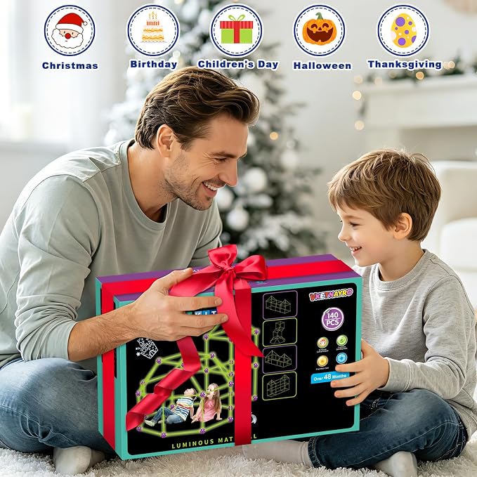 Glow In The Dark Fort Building Kit for Kids, STEM Building Toys, Kids Fort | DIY Castles Play Tent Tunnels, kids Creative Construction Toys Set, Christmas Birthday Gifts for Boys & Girls, 140 Pcs